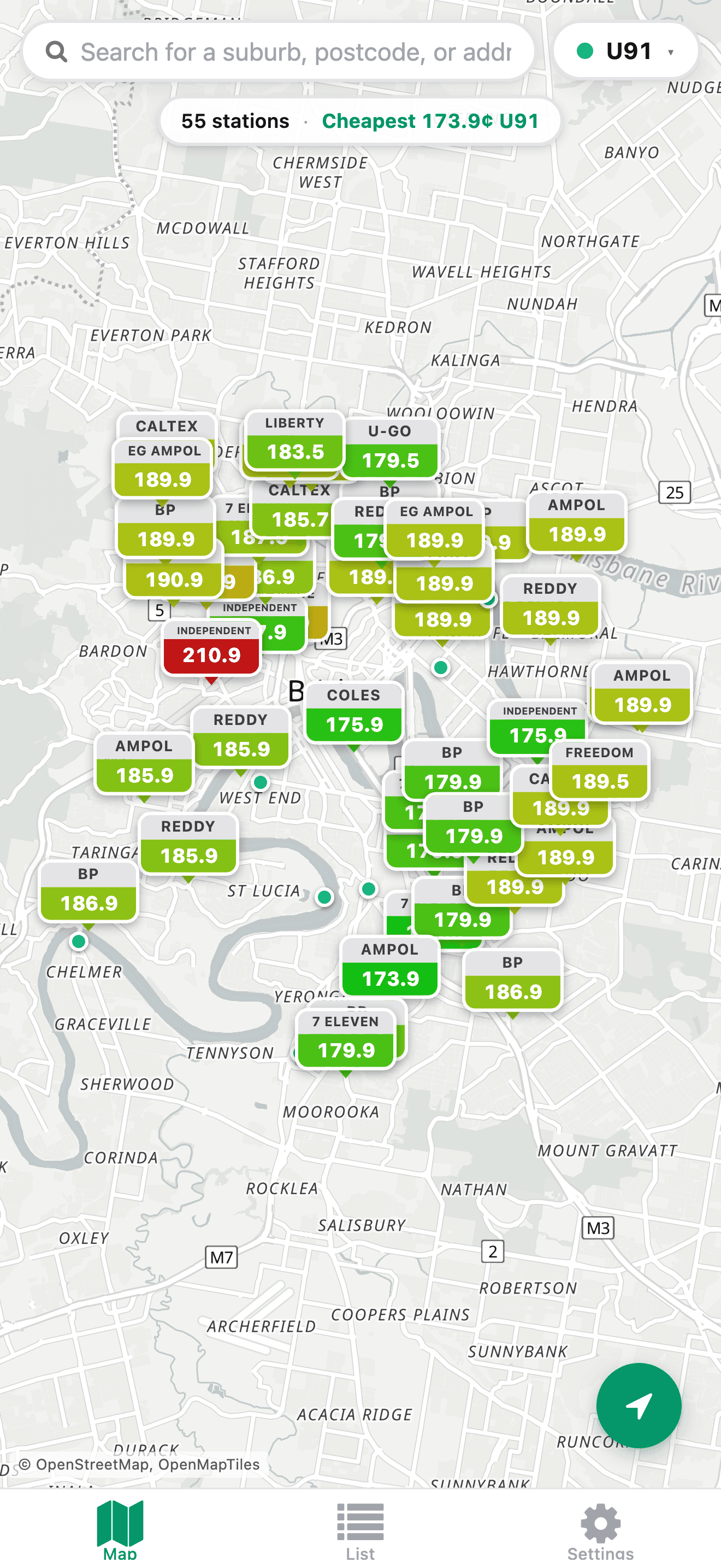PetrolPuppy live map with colour-coded price pins
