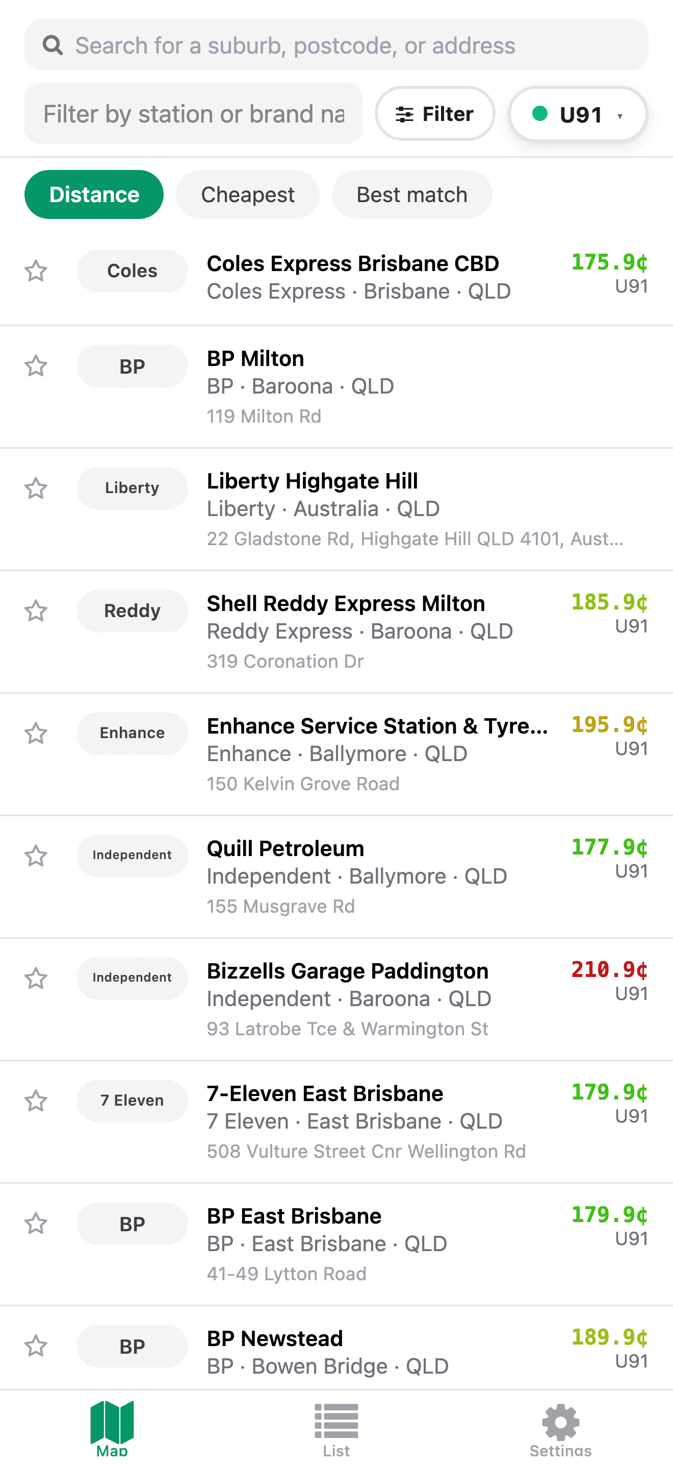 Sorted list of nearby stations by current price
