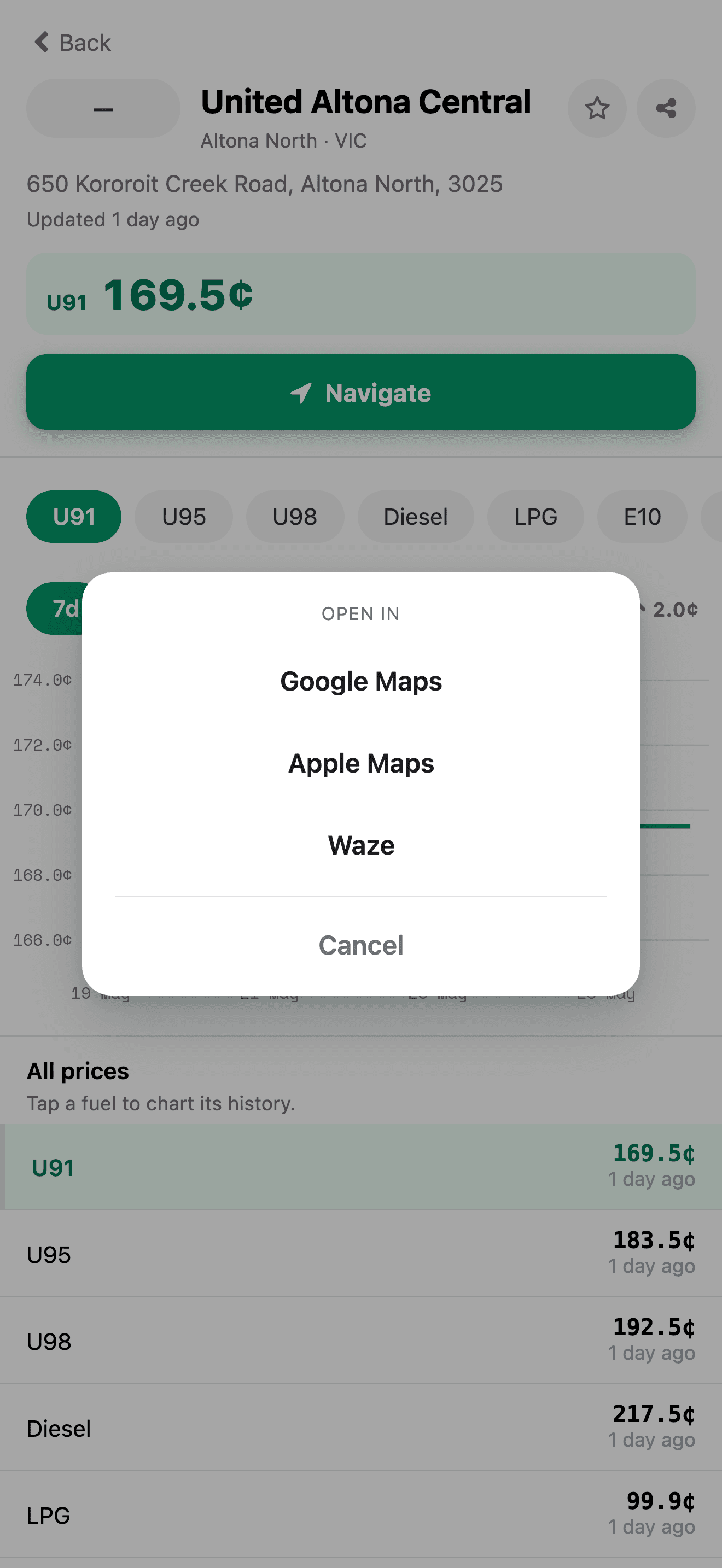 One-tap directions in Apple Maps, Google Maps or Waze